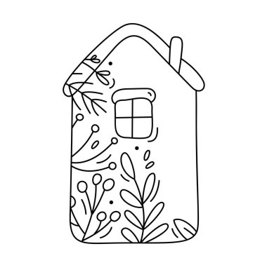 Çizgili el çizimi ev böğürtlenli, dal desenli arka plan. Mutlu Noeller ve mutlu yıllar. Kış tatillerinin kutlanması için izole edilmiş bir illüstrasyon..