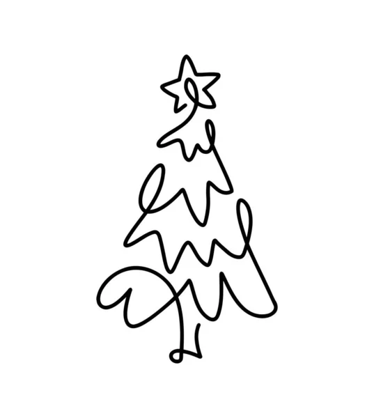 Рождественская Векторная Сосна Одна Линия Искусства Звездой Непрерывный Рисунок Одной — стоковый вектор