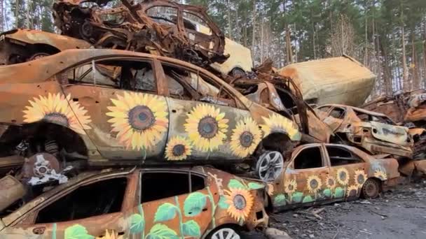 Blick Auf Ausgebrannte Autos Nach Raketenangriffen Krieg Russlands Gegen Die — Stockvideo