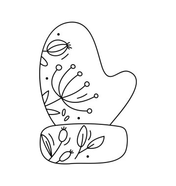 El çizimi Noel çizgisi eldiveni çizgi dutlu, dal desenli. Tebrik kartı bebek, web tasarımı, davetiye için Xmas ikonu ana hatları çizimi.