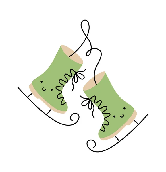 Kézzel Rajzolt Karácsony Két Aranyos Boldog Szerető Téli Zöld Korcsolyák — Stock Vector