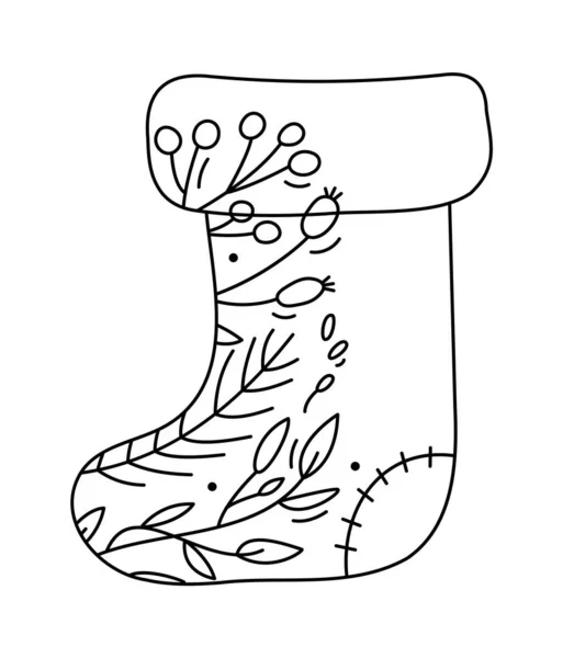 手描きベクトルクリスマスラインの靴下は ラインベリー 枝の質感 Xmasアドベンチャーアイコンのアウトラインイラストグリーティングカード赤ちゃん ウェブデザイン 招待状 — ストックベクタ