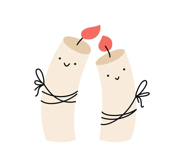 Paar Glücklicher Liebe Beim Doodle Smilen Brennender Kerzen Vector Weihnachtsillustration — Stockvektor