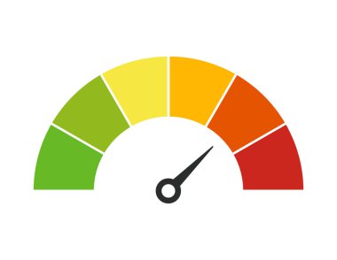 Vector color speedometer meter with arrow for dashboard with green, yellow, orange and red indicators. Gauge of tachometer. Low, medium, high and risk levels. Bitcoin fear and greed index clipart