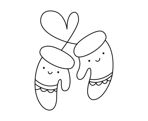 Vector Line Illustration Paar Warm Gestrickte Glücklich Lächelnde Fäustlinge Lieben — Stockvektor
