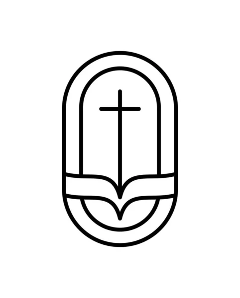 Religione Croce Linea Libro Aperto Bibbia Chiesa Logo Vettoriale Icona — Vettoriale Stock
