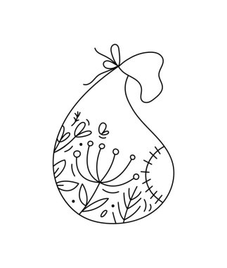 Elle çizilmiş Noel çizgisi kış çantası içinde Noel Baba 'nın çizgi dutlu, dal desenli hediyeleri var. Tebrik kartı bebek, web tasarımı, davetiye için Xmas ikonu ana hatları çizimi.