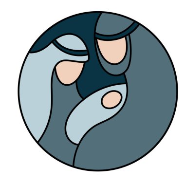 Bebek İsa 'nın İsa' yla İsa 'nın İsa' nın İsa 'nın İsa' nın doğuşunu gösteren Noel Hristiyanlık Sahnesi 'nin taşıyıcı rengi. Logo ikonu çizimi. Karalama el çizimi çizim rengi.