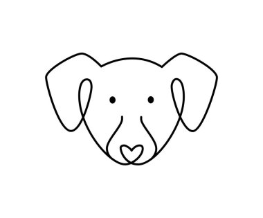 Birinci hat köpek logosu. Soyut el çizimi tarzında minimalist sevimli hayvan. Siyah arkaplan grafik çizimi. Her amaç için harika bir tasarım.