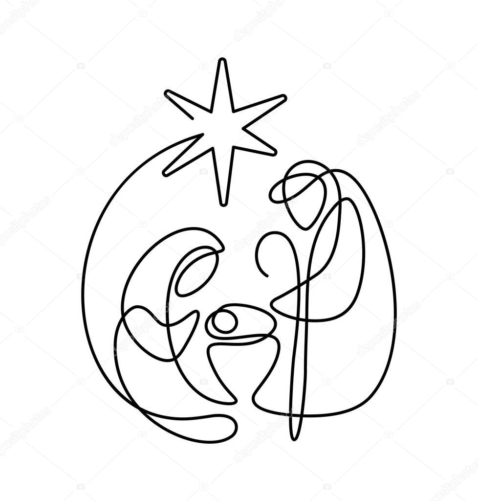 Vector Christmas Christian religious Nativity Scene of baby Jesus with Mary and Joseph and bethlehem star in round frame one line. Logo icon illustration sketch. Doodle hand drawn with black monoline.