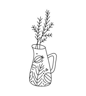 Güzel el çizimi bebek Noel vazosu, dallı. Kış görüntüsü böğürtlenli, dal desenli. Xmas tebrik kartı bebeği, web tasarımı, davetiye için ev simgesi tanıtımı.