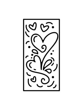 Valentine vektör bileşimi kalpleri. Tebrik kartı ve web tasarımı davetiyesi için el çizimi aşk tatili yapıcı logo dikdörtgen yatay çerçeve.