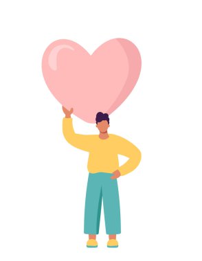 Happy Valentine Day Surprise. Man holding Huge Heart Present. Loving Person, Character go to Dating, Seniors Love, Romance Feelings. Cartoon People Vector Illustration.