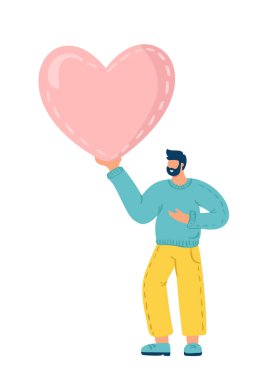 Happy Valentine Day Surprise. Man holding Huge Heart Present. Loving Person, Character go to Dating, Seniors Love, Romance Feelings. Cartoon People Vector Illustration.