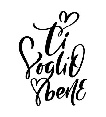 I love you on Italian Ti Voglio Bene. Black vector calligraphy lettering wedding text with heart. Holiday quote design for valentine greeting card, phrase poster.