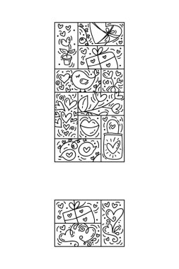 Vector Valentine logo composition frame for text with heart, envelope, balloon, love. Hand drawn romantic monoline constructor for holiday greeting card, poster or banner.