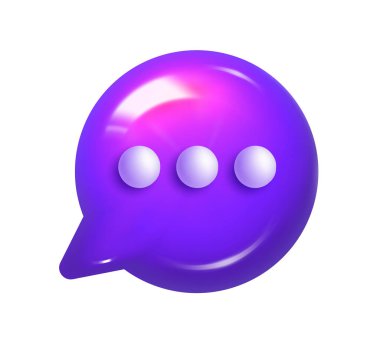 3d illustration of round lilac realistic speech bubble icon with three dots. Mesh vector talking cloud. Glossy chat high quality vector. Shiny cloud foam speak text, chatting box, message box dialogue