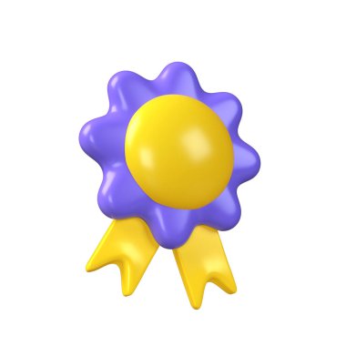Winner purple medal and yellow ribbons reward. 3d illustration icon render isolated on white background with clipping path. Cartoon minimal style. Premium quality, quality guarantee symbol.