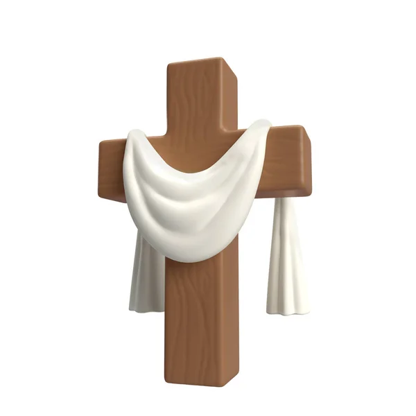 3d icon Wooden Cross with white cloth textile, symbol of the resurrection of Jesus Christ. He is risen. Easter resurrection illustration. Scripture. isolated on white background with clipping path.