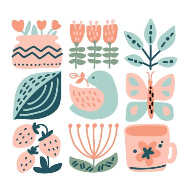 Vector spring ethnic logo composition pattern of bird, flower, leaf, strawberry and branch. Cute boho illustration in hand drawn constructor in square for tile mosaic scandinavian greeting card.