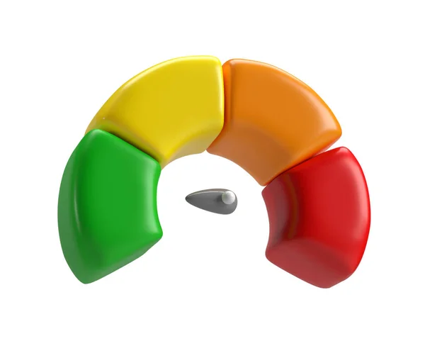 3D图标速度计 带有箭头 用于绿色 橙色和红色指示器的仪表板 速度计的量规 高和风险水平 在白色背景裁剪路径上隔离 — 图库照片