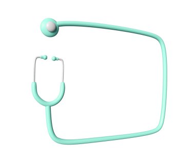 3D yeşil steteskop çerçevesi. Tıbbi işaretin gösterimi. Klinik tanı, kalp atışı tıbbı aletini dinle. Çizgi film sevimli kardiyoloji enstrümanı kopyalama alanı. Beyazda izole edilmiş