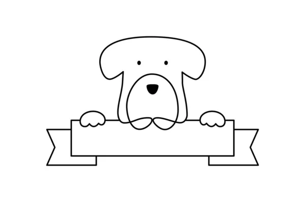 狗标志店持有白色白板 卡片或横幅 手工绘制的单色矢量插图 并附有文字位置 儿童图书 生日或贺卡 — 图库矢量图片