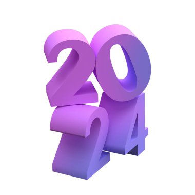 Yeni yılınız kutlu olsun 2024. Parlak 3 boyutlu leylak sayıları ve kırpma yolu. Tatil kutlaması tasarımı. Posterler, pankartlar, takvimler ve tebrik kartları için en iyi öge.