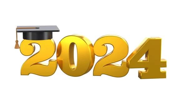 2024类3D图标 祝贺毕业生设计了带有帽子和数字的模板 毕业典礼 剪贴邀请函的金像图 — 图库照片#