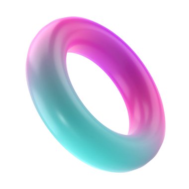3 boyutlu metal donut geometrik şekli. Gerçekçi parlak turkuaz ve leylak rengi gradyan renk şablonu dekoratif tasarım çizimi. Kırpma yolu ile izole edilmiş minimalist parlak model.