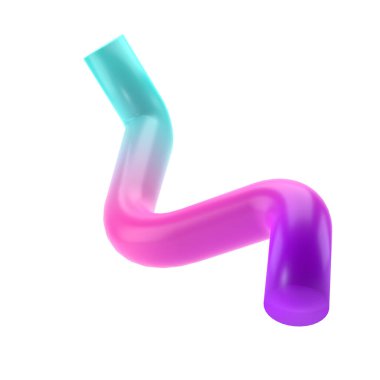 3 boyutlu metal boru geometrik şekli. Gerçekçi parlak turkuaz ve eflatun desenli dekoratif tasarım çizimi. Kırpma yolu ile izole edilmiş minimalist parlak model.