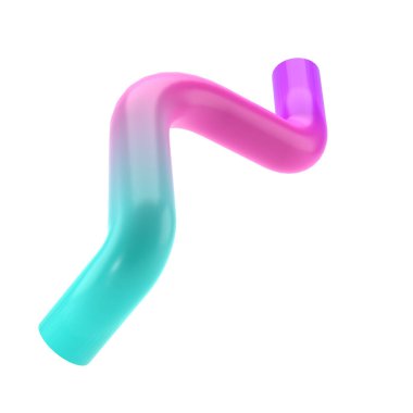 Üç boyutlu şekil, soyut metal boru geometrisi. Gerçekçi parlak turkuaz ve eflatun desenli dekoratif tasarım çizimi. Kırpma yolu ile izole edilmiş minimalist parlak model.