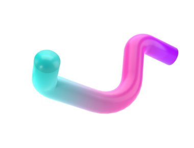 Üç boyutlu şekil, soyut metal boru geometrisi. Gerçekçi parlak turkuaz ve eflatun desenli dekoratif tasarım çizimi. Kırpma yolu ile izole edilmiş minimalist parlak model.