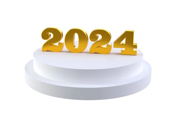 Новим 2024 Роком Блискучими Золотими Номерами Білому Подіумі Відсічним Контуром — стокове фото