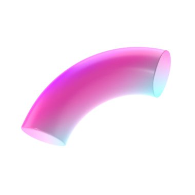 Üç boyutlu şekilli yarı donut geometrik metal. Gerçekçi parlak turkuaz ve eflatun desenli dekoratif tasarım çizimi. Minimalist parlak yarı donut modeli kırpıcı ile izole edilmiş.