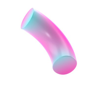 Üç boyutlu şekilli yarı donut geometrik metal. Gerçekçi parlak turkuaz ve eflatun desenli dekoratif tasarım çizimi. Minimalist parlak yarı donut modeli kırpıcı ile izole edilmiş.