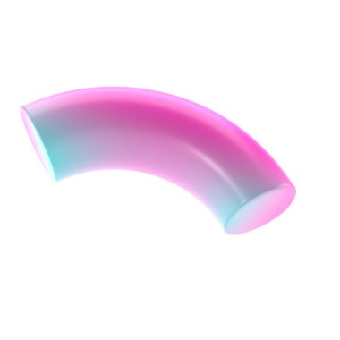 Üç boyutlu şekilli yarı donut geometrik metal. Gerçekçi parlak turkuaz ve eflatun desenli dekoratif tasarım çizimi. Minimalist parlak yarı donut modeli kırpıcı ile izole edilmiş.