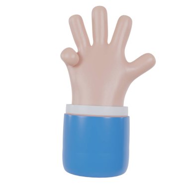 3D el simgesi, resimleme dahil dört parmak gösteriyor. Çizgi film karakteri. İş klip sanatı izole kırpma yolu.