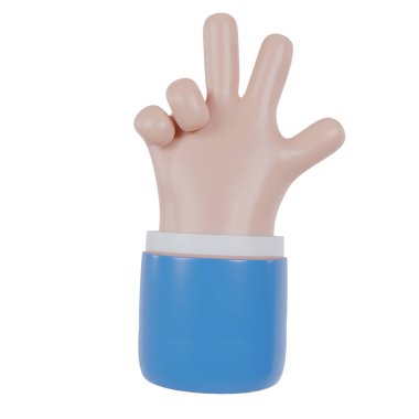 3D el simgesi, resimleme dahil üç parmak gösteriyor. Çizgi film karakteri. İş klip sanatı izole kırpma yolu.