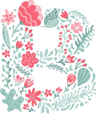 Çiçekli ve dallı Vector Hand Yazı Tipi B harfi. Çiçek alfabesi Typography büyük harf yaz harfi monogramı veya logo tasarım düğün abc.