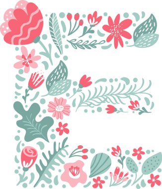 Çiçekler ve dallarla süslenmiş E harfi Vektör El Yazı Tipi. Çiçek alfabesi Typography büyük harf yaz harfi monogramı veya logo tasarım düğün abc.