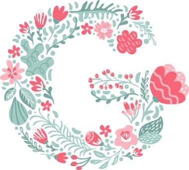 Çiçekler ve dallarla süslenmiş G harfi vektör el yazı tipi çizimi. Çiçek alfabesi Typography büyük harf yaz harfi monogramı veya logo tasarım düğün abc.