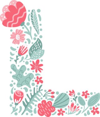 Çiçekler ve dallarla süslenmiş Vektör El Yazı Tipi L harfi. Çiçek alfabesi Typography büyük harf yaz harfi monogramı veya logo tasarım düğün abc.