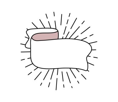 Çizgi vektörü, güneş ışınlı siyah kurdele. Sancak simgesi, web tasarım ögesi. El çizimi çizimi. İş metni, tebrik kartı ve tatil kopyaları için yer.