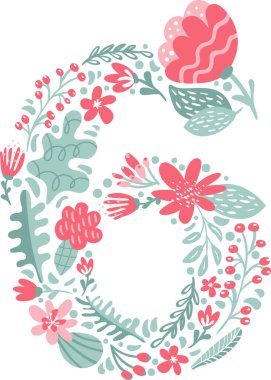 Çiçek ve dallar açan 6 numaralı Vector Hand Yazı Tipi. Çiçek alfabesi Typography Yaz harfi monogramı veya Logo Tasarım düğün abc.