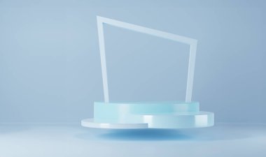 Minimalist yuvarlak podyum ve sahne 3d mavi rendelenmiş soyut afiş arkaplan kompozisyonu, illüstrasyon ürün gösterimi için geometri platformu şeklinin taklidi.