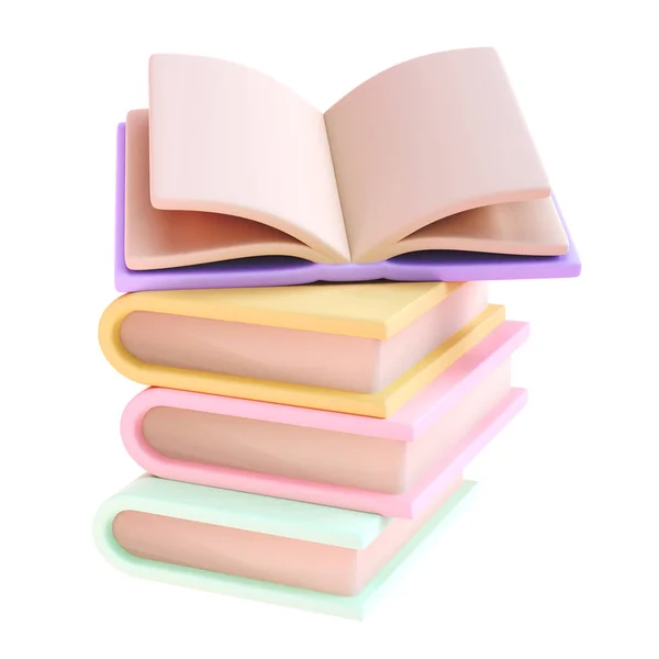 閉鎖した本の3Dスタックと1つのオープンブック アイコンはクリッピングパスで隔離されています 教育またはビジネス文学をレンダリングする 読書教育 Eブック 百科事典 教科書イラスト — ストック写真