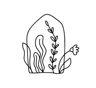 Çiçekli Eko House. Basit Kaligrafi doğası Vektör bio ikonu. Tasarım için Mimarlık İnşaatı. Sanat evi vintage el çizimi logo yeşil bahçe elementi.