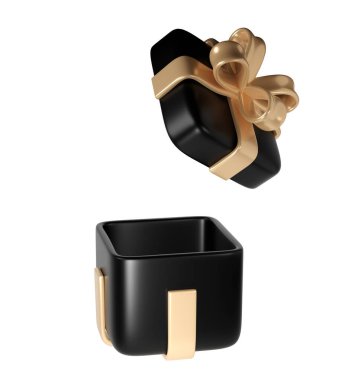 Siyah Cuma, beyaz arka planda altın kurdeleli hediye kutusu simgesi. Render Shop modern tatil. Şimdiki alışveriş afişi veya poster için gerçekçi simge.