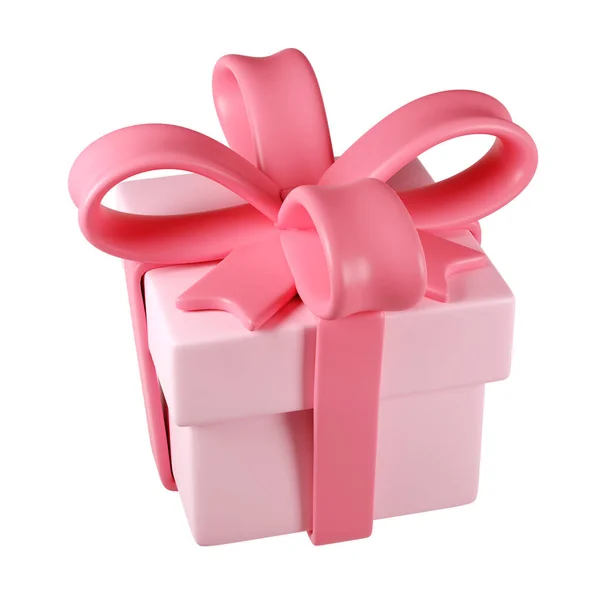 白い背景にパステルリボンの弓が付いている3Dピンクのクリスマスのギフト用の箱のアイコン 現代の休日をレンダリングする プレゼント 誕生日 結婚式のバナーのための現実的なアイコン — ストック写真